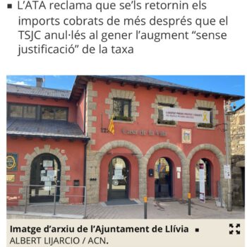 L’ATA no es doblega davant l’Ajuntament de Llívia, que ha desatès una resolució judicial que declara nula una ordenança fiscal que afecta als Habitatges d’Ús Turístic L’ATA no es doblega davant l’Ajuntament de Llívia, que ha desatès una resolució judicial que declara nula una ordenança fiscal que afecta als Habitatges d’Ús Turístic